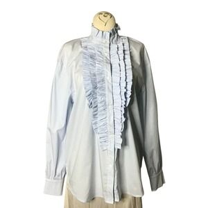 Sfera Collection Womens Blue Long Sleeve‎ Button Ruffle Blouse Size S Vintage